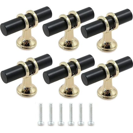 6 Piece T Bar Black Cabinet Knobs, Modern Single Hole Cabinet Drawer, Cabinet Door Handles Durable Alloy Single Hole Furniture, For Cabinets,