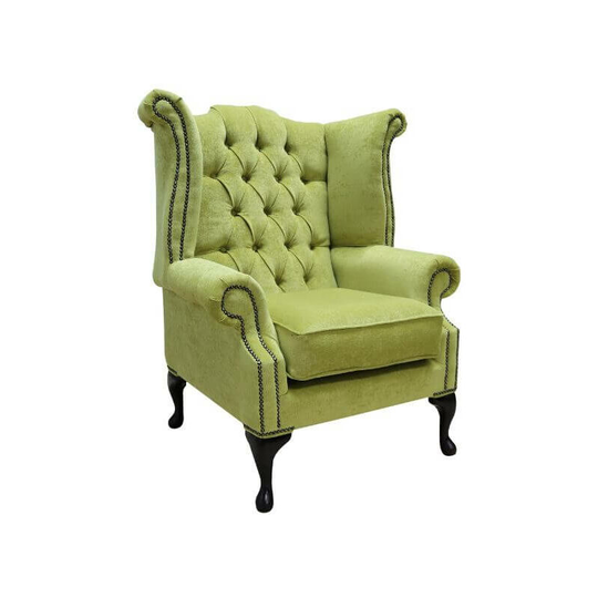 Chesterfield Fabric Queen Anne High Back Wing Chair Pimlico Zest Green