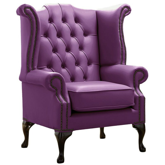 Chesterfield Queen Anne High Back Wing Chair Shelly Wineberry Leather