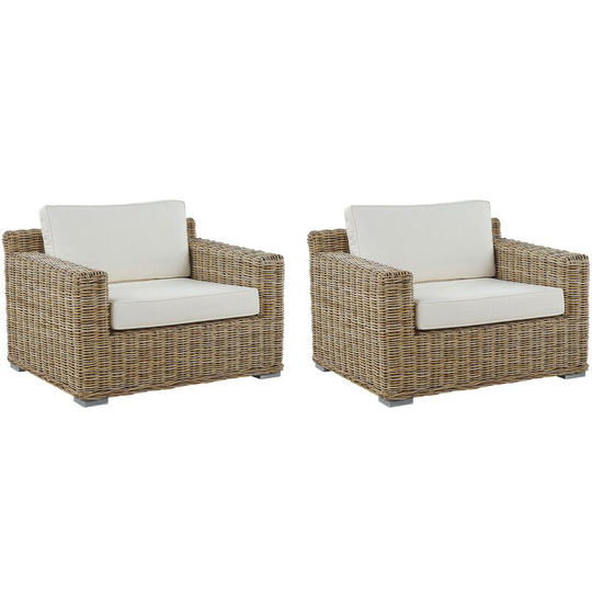 Modern Set of 2 Rattan Garden Armchairs Wicker with White Cushions Ardea - Natural