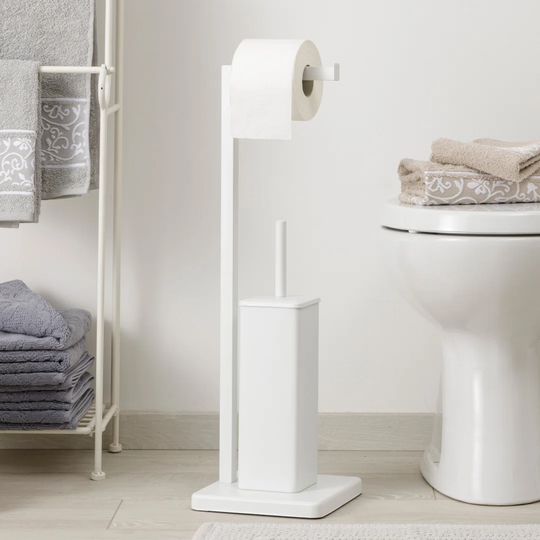 Toilet Brush Holder With Toilet Paper Holder Modern In White Metal 20X20x63 Cm