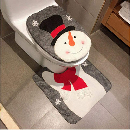 Christmas Snowman Santa Deer Toilet Seat Cover and Rug Set Christmas Bathroom Decorations (Snowman)