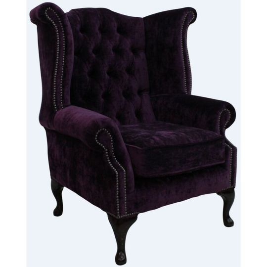 Chesterfield Queen Anne High Back Wing Chair Modena Aubergine Velvet