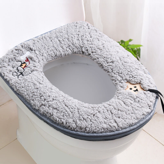 Gray Warm Plush Washable Thick Toilet Seat Cover Mat with Handle and Zipper