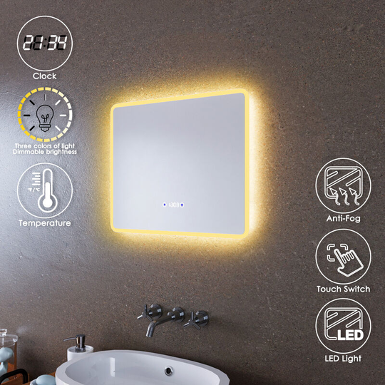 Clock Temperature Display Mirror Three Colors Mode Illuminated Bathroom Mirror 600x500mm Mirror with Dual Sensor - Elegant