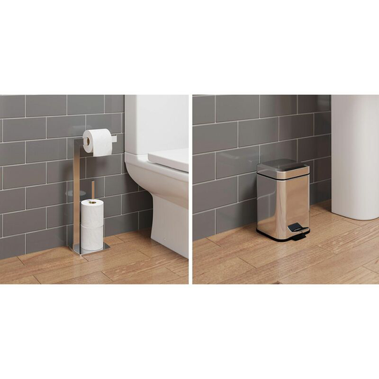 Bathroom wc Square Floor Standing Chrome Toilet Roll Holder 3L Square Bin Modern - Silver