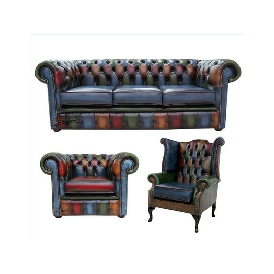 Chesterfield Patchwork Antique 3 Seater Settee + Queen Anne Wing Armchair + Club Chair Leather Sofa Offer