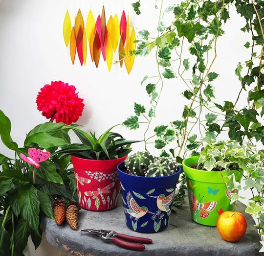August Grove Birds & Insects 15Cm Flowerpots, Blue/Green/Pink, Set Of 3