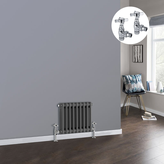 Anthracite 2 Column Traditional Cast Iron Style Radiator with Chrome Angled Cross Head Manual Valves Horizontal 300x425mm