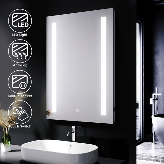 500 x 700mm Anti-foggy Wall Mounted Mirror Senor Touch Frontlit led Illuminated Bathroom Mirror with Shaver Socket, - Elegant