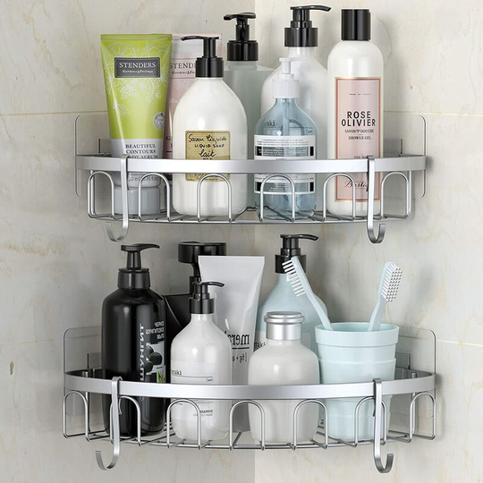 Shower Shelf, Shower Storage, Stainless Steel Bathroom Shelf with 4 Black Hooks, 2 Pieces