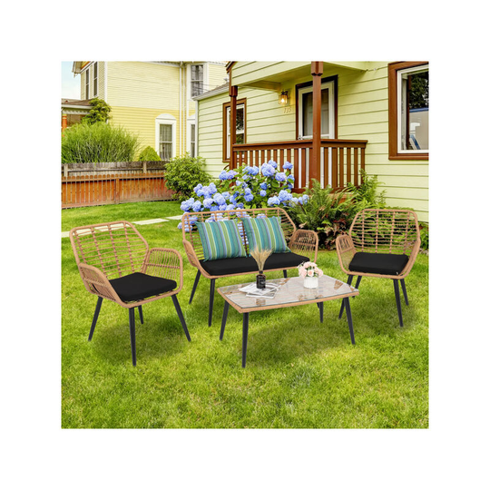 Clydpee - 4pcs Rattan Outdoor Garden Furniture Set with 2 x Armchairs 1x Double Sofa & 1 Table, Four-Piece Patio Furniture Set Yellow