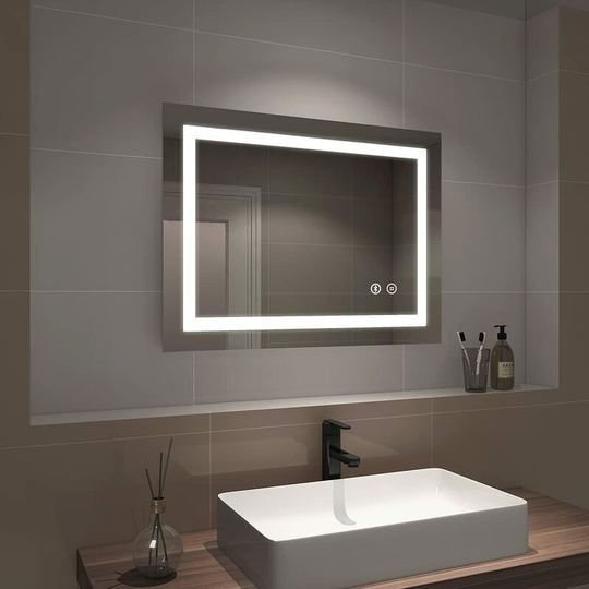 Emke - Bluetooth Bathroom Mirror with Shaver Points - 800x600mm Backlit led Illuminated Bathroom Mirror with Demister Pad, Makeup Vanity Touch Mirror