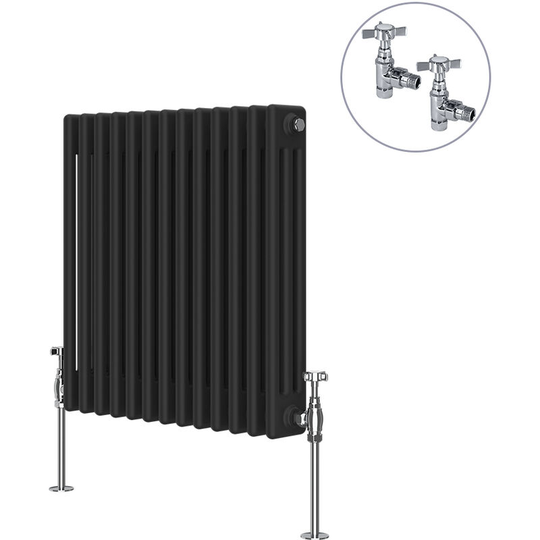 Traditional Rad Cast Iron Style Radiator Black + Chrome Angled Traditional Radiator Manual Valves 600x605mm Horizontal Triple Column