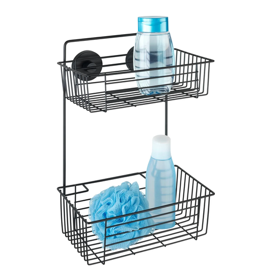 WENKO Vacuum-Loc® Wall Shelf 2 Shelves Bari Black, Wall Shelf, Fixing Without Drilling