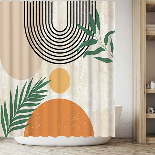 Mid Century Abstract Shower Curtain Boho Arch Sun Beige Modern Minimalistic Home Bathtubs Bathroom Curtain 72x72