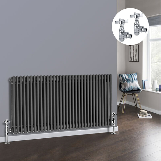 NRG - Anthracite 3 Column Traditional Cast Iron Style Radiator with Chrome Angled Cross Head Manual Valves Horizontal 600x1462mm