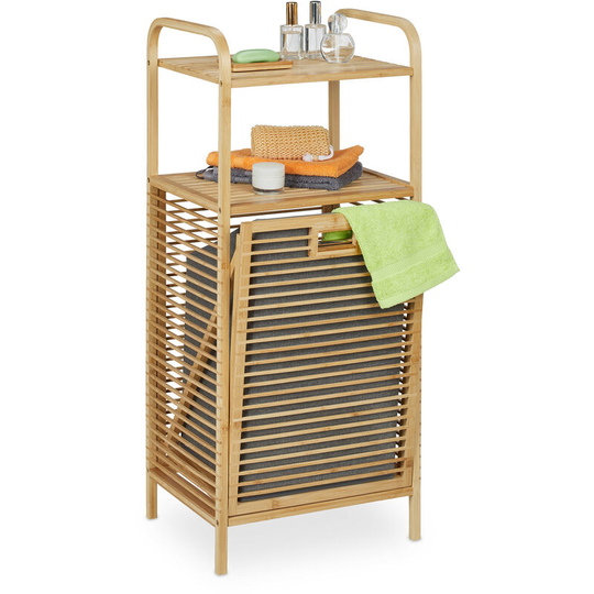 Relaxdays Bathroom Shelf with Laundry Basket, 2 Shelves, Tiltable Collector, Bamboo, Fabric, 95x40x33 cm, Natural/Grey