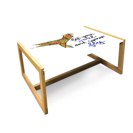 Saying Coffee Table, Let Your Soul And Fly Calligraphy With Zentangle Origami Bird, Acrylic Glass Center Table With Wooden Frame For Offices Dorms Cha