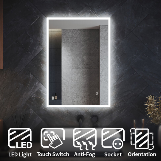 Backlit Bathroom led Mirror Light with Shaver Socket Demister Pad Touch Switch Vertical/Horizontal 700x500mm - Elegant