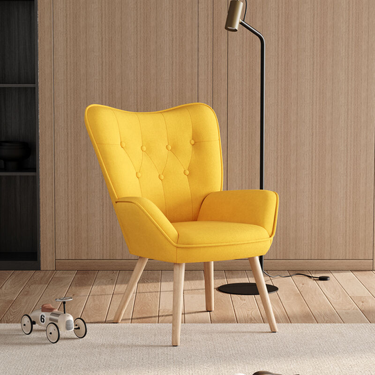 Yellow Linen Buttoned Armchair with Wood Legs - Livingandhome