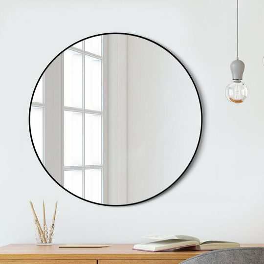 Livingandhome - Modern Wall Mounted Slim Frame Round Mirror, Black 60cm