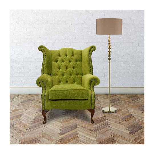 Chesterfield Fabric Queen Anne High Back Wing Chair Citrus Green