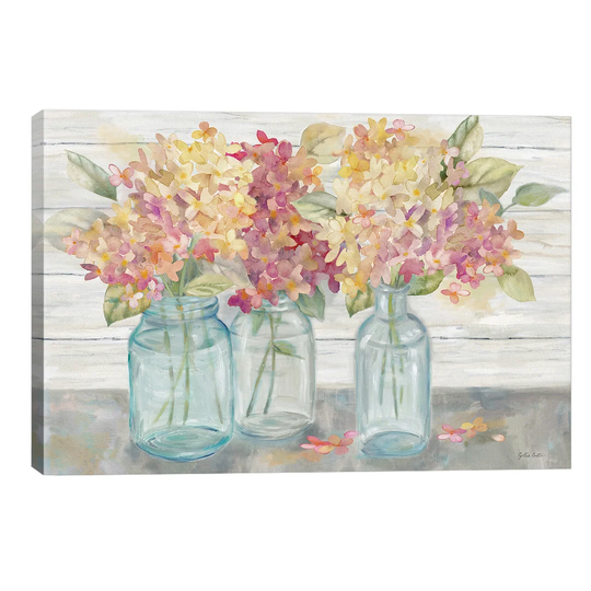 Farmhouse Hydrangeas in Mason Jars Spice by Cynthia Coulter - Wrapped Canvas Painting Print