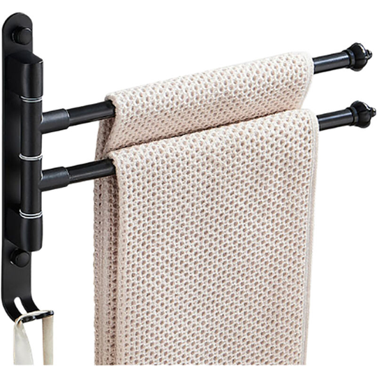 Swivel Out Towel Racks with Hooks 2-Bars Foldable Arms Bath Towel Hanger Wall Mount Towel Bar Aluminum Towel Holder Organizer for Bathroom Kitchen