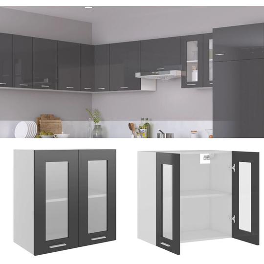 Hanging Glass Cabinet High Gloss Grey 60x31x60 cm Chipboard