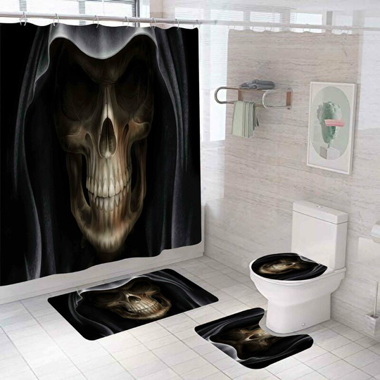 Black Skull Halloween Shower Curtain Sets, Generic Halloween Bathroom Decor Set 71 inch x 71 inch - Shower Curtain with Mat, Toilet Lid Cover, Bath