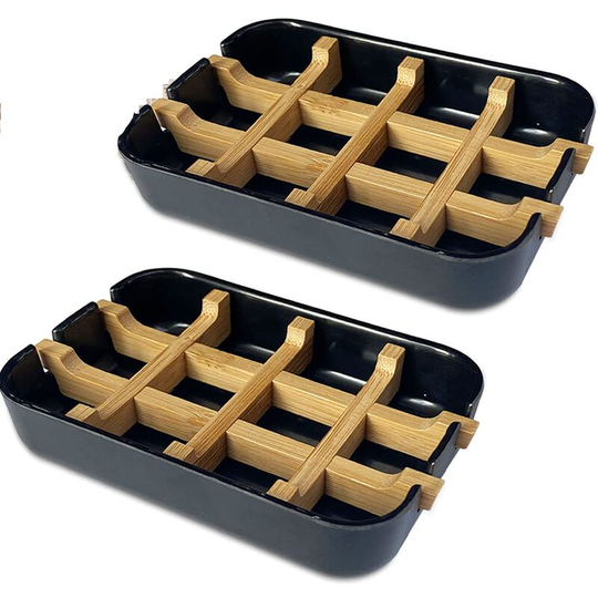 2 Pack Soap Dish for Bar Soap, Self-Draining Bamboo Soap Box and Soap Saver Pouch, Soap Holder for Shower, Bathroom, Kitchen, Tub, Bar Sink (Black)