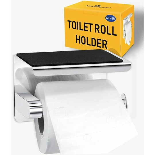 KitchenToilet Paper HolderSilver Wall Mounted SUS304 Stainless Steel Toilet Paper Holder with Shelf for Bathroom Adhesive or Wall Mounted Toilet