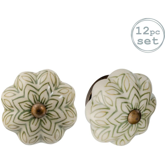 Floral Ceramic Cabinet Knobs - Olive Green - Pack of 12 - Nicola Spring