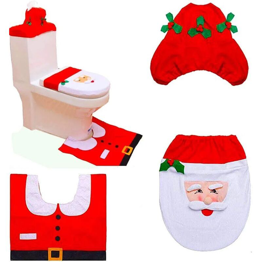 Set of 3 Toilet Seat Covers and Bathroom Rugs, Santa Claus Pattern, Red, One Size - Rhafayre