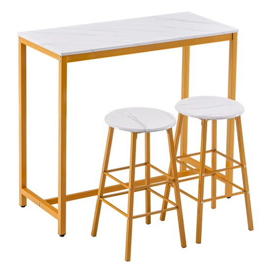 Marble Bar Table With Round Bar Stools Golden Paint- White