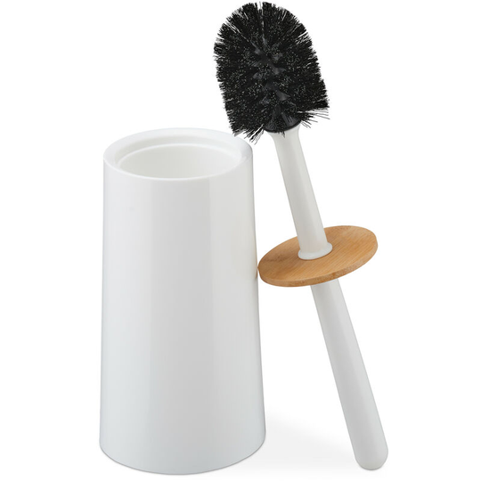 Toilet brush, with container, plastic and bamboo, free-standing, toilet brush with lid, white - Relaxdays