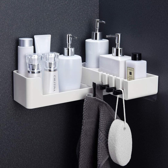 Self Adhesive Shower Caddy Bathroom Corner Storage Shelf with 4 Hooks