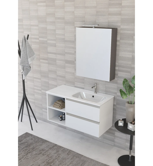 Vanity Unit 2 Drawers, Open Element With Right Integrated Washbasin, Mirror Cabinet And Spotlight