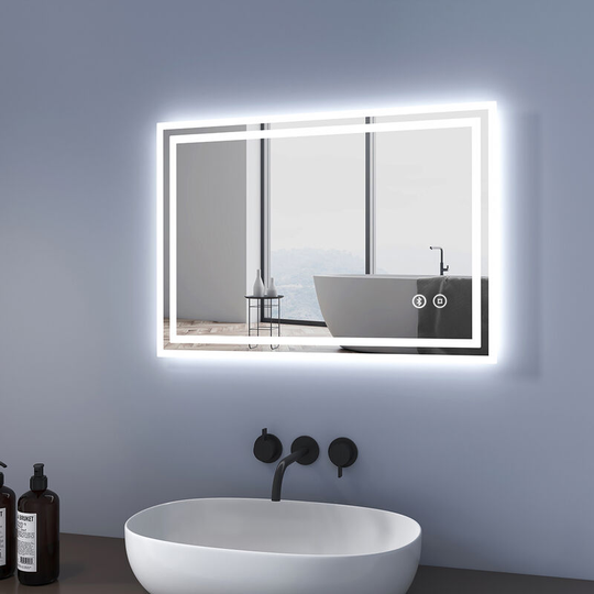 Meykoers LED Bathroom Mirror 70x50cm, Touch Contorl Illuminated Bathroom Mirrors with Bluetooth & Demister, with Shaver Socket - 70x50x3.7cm | +