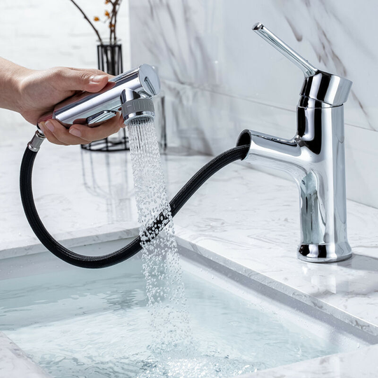 Modern Bathroom Faucet,Brass Bathroom Mixer Tap with Pull Out Spray,Hand Wash Basin Faucets,Hot and Cold Water Available,Chrome Plated