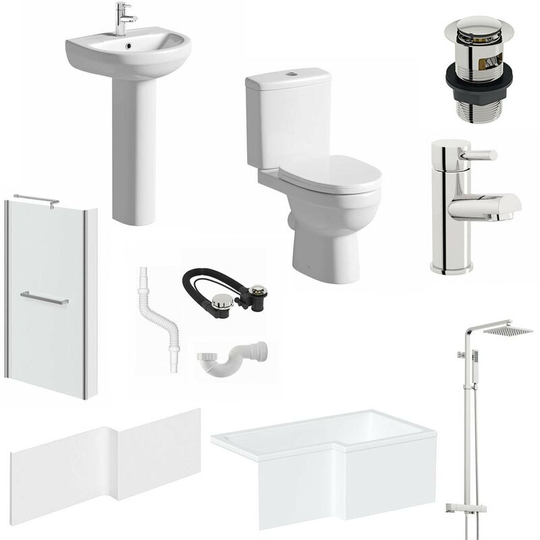 Tradeessentials - Orchard Eden bathroom suite with right handed l shaped shower bath 1700 x 850 with taps, shower and wastes - White