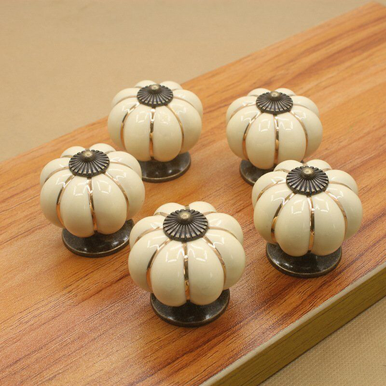 Perlerare - Set of 5 Vintage European Style Ceramic Pumpkin Shaped Furniture Knobs for Dresser, Cabinets and Drawers, Beige