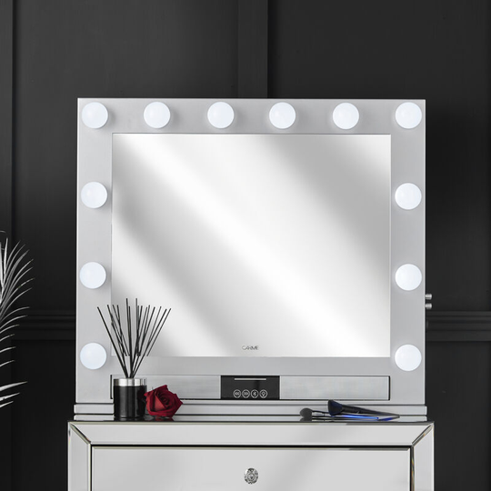 Willow Silver Desktop Mirror 3 Colour led Light Hollywood Bulbs Dimmable Touch Sensor Bluetooth Speaker usb Charger Built In Plug Silver Bedroom