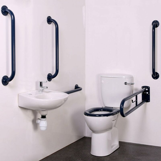 NymaPRO Close Coupled Doc m Toilet Pack with Stainless Steel Grab Rails - Dark Blue - Nymas