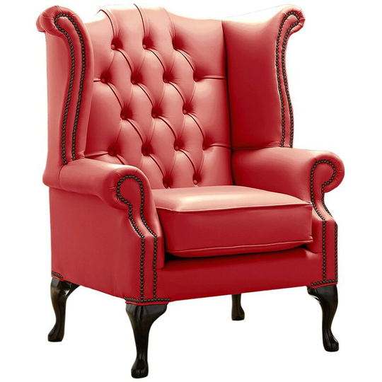 Chesterfield Queen Anne High Back Wing Chair Shelly Crimson Leather