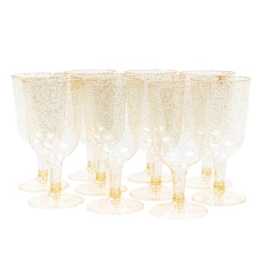 100 Premium Plastic Gold Glitter Wine Glasses For Wedding Anniversary Garden Barbecue Party - 170Ml