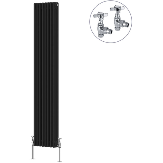 NRG - Black Traditional Cast Iron Style Radiator with Chrome Angled Cross Head Manual Valves Vertical 3 Column 1800x382mm