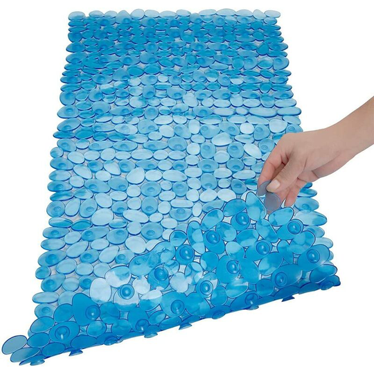 16*35In Non Slip Cobblestone Bath Shower Mat with Drain Holes, Suction Cups Mat, Clear Blue