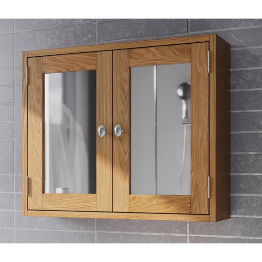 Hallowood Furniture Waverly Oak Bathroom Cabinet with Mirror in Light Oak Finish - Solid Wooden Wall Mounted Bathroom Storage Unit with 1 Shelf